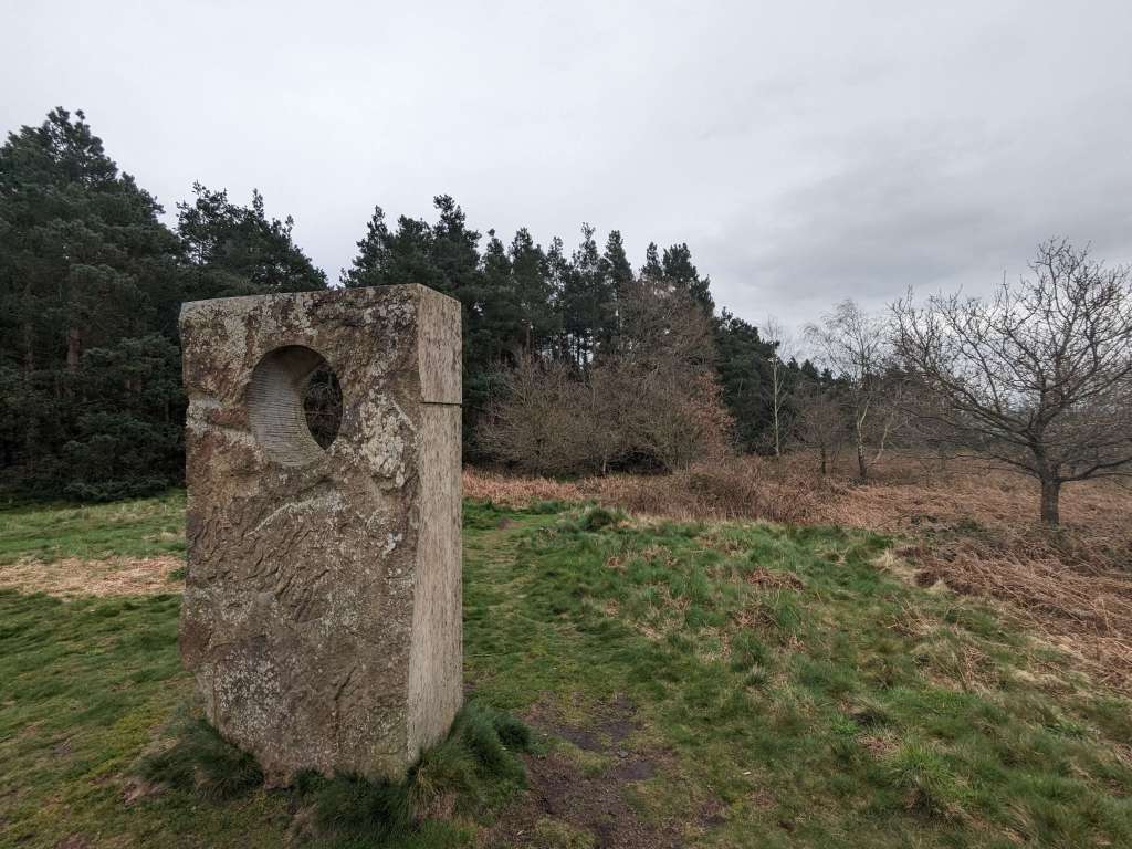 Holey sculpture and pine tree line at haughmond hill